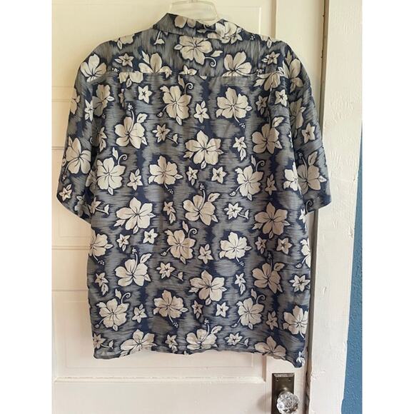 Cezar Size Large 100% Silk Short Sleeve Button Front Hawaiian Shirt Blue & White - Picture 4 of 5
